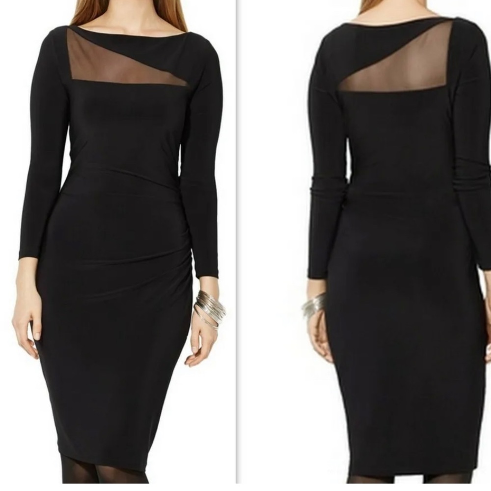 Ralph Lauren Mesh Inserts Black Long Sleeve Jersey Sheath Dress Size 2